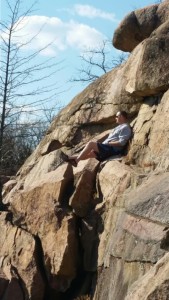 Enjoying the view from the wall of the pond.