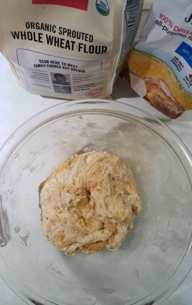 dough for sourdough crackers with bags of flour