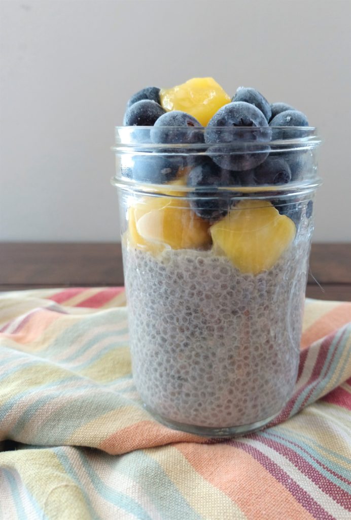 dairy-free chia pudding with mangos and blueberries on top