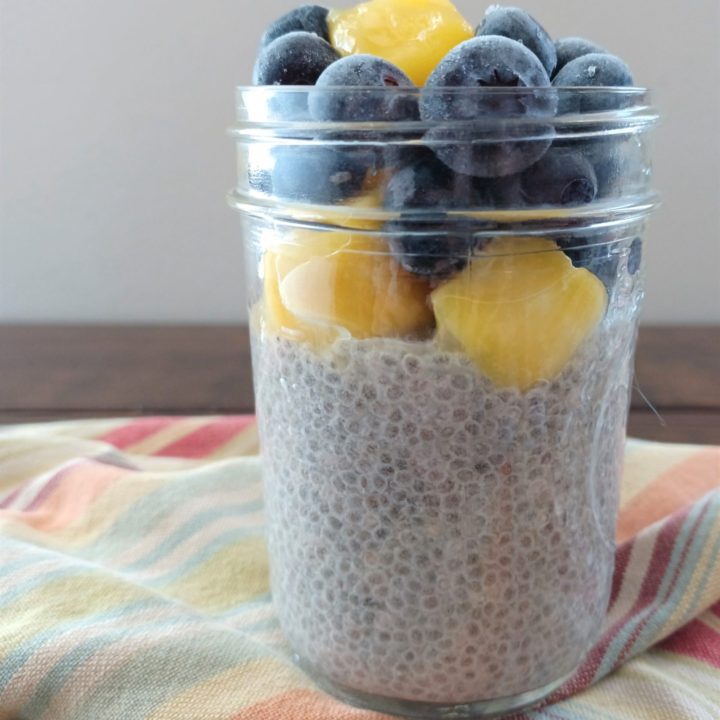 dairy-free chia pudding with mangos and blueberries on top