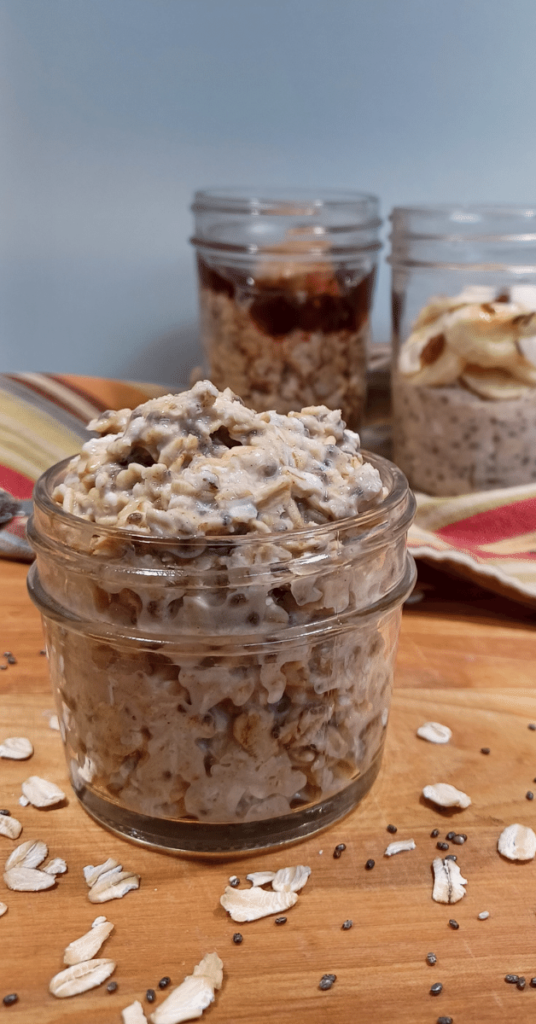 three jars of easy overnight oats with various toppings