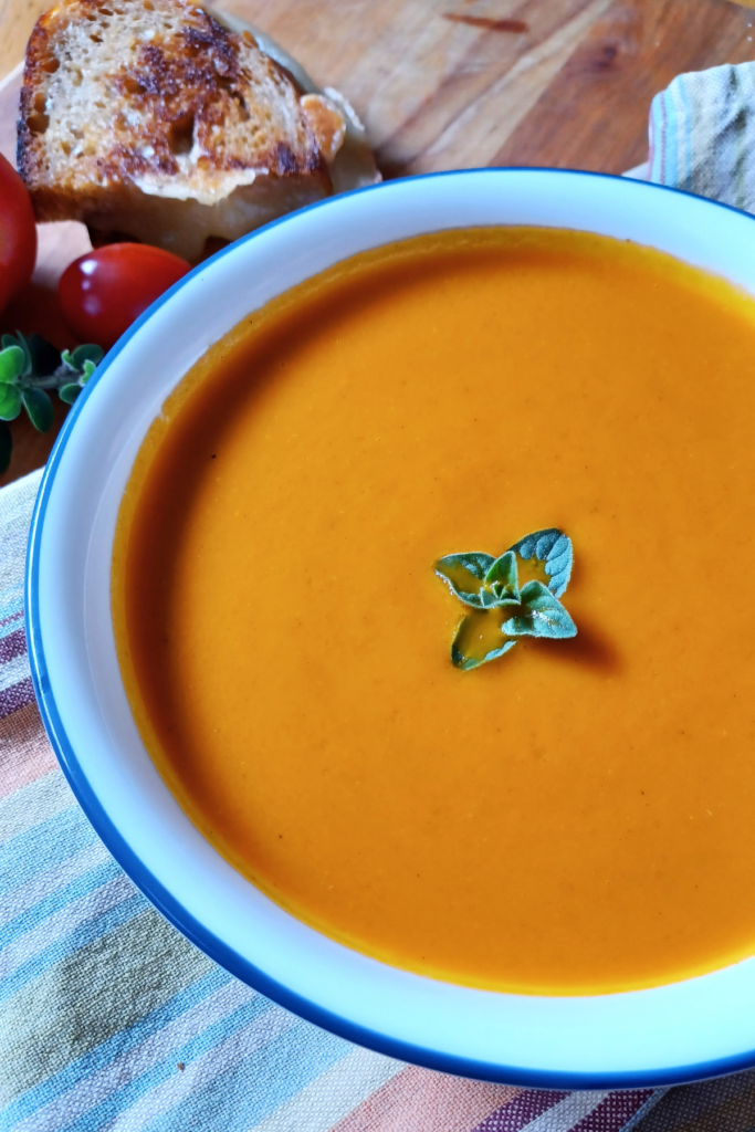 tomato soup in white bowl topped with oregano