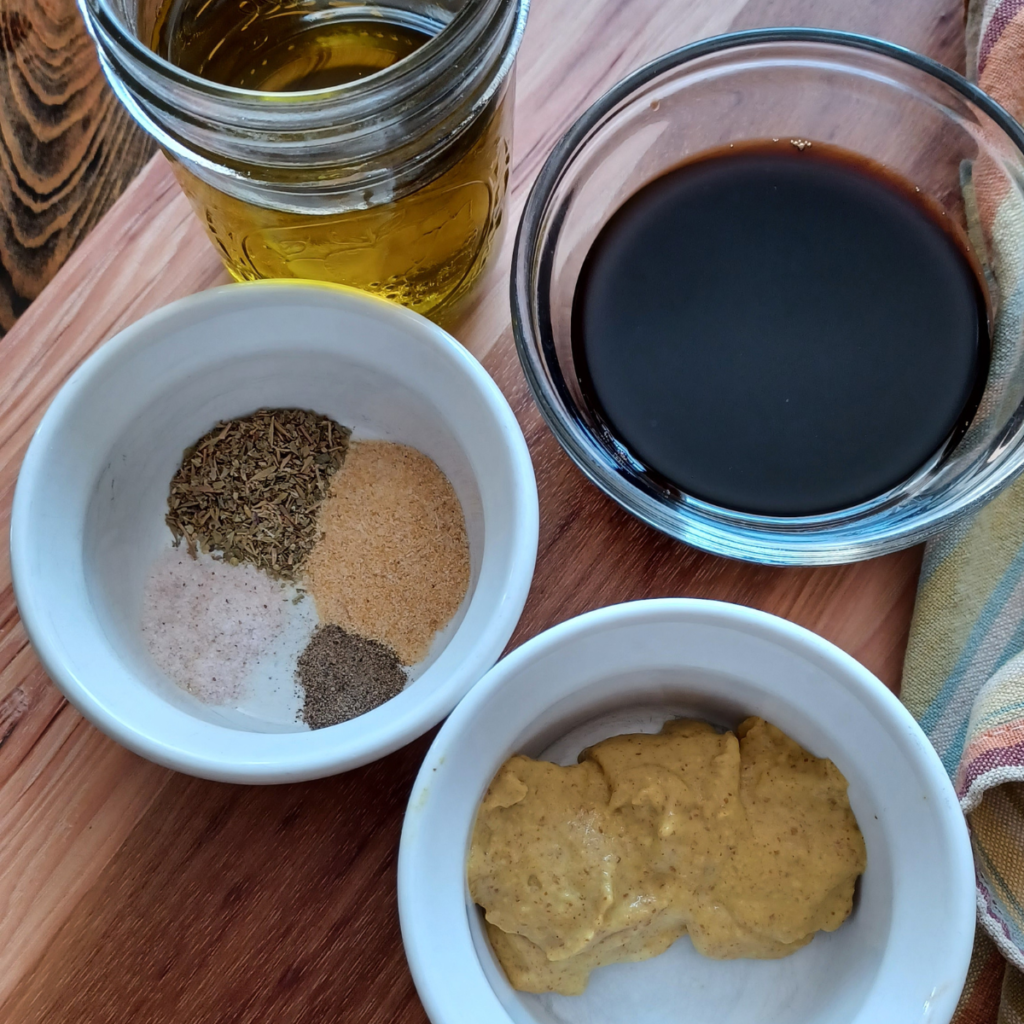 ingredients for homemade balsamic vinaigrette in bowls