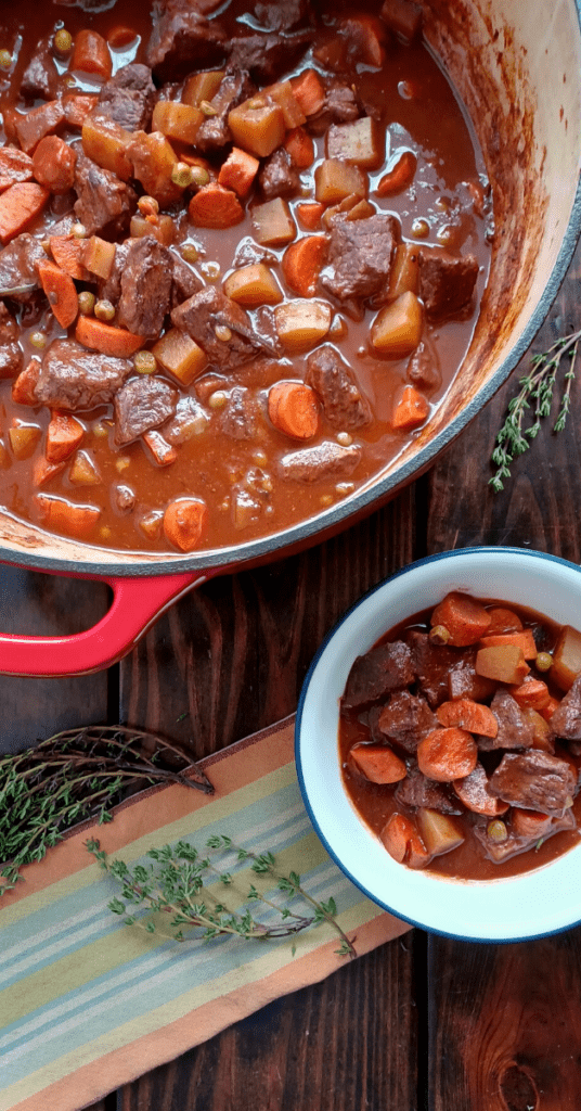 Homemade beef stew in red dutch oven and white bowl with blue rim