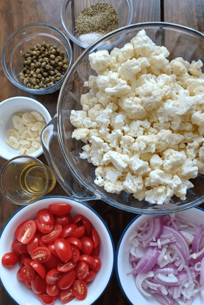 ingredient in bowls for roasted cauliflower